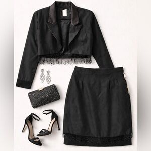 TANGENTS Y2K Cropped Satin Blazer & Beaded Fringe MiniSkirt Black 2‑PieceOutfit